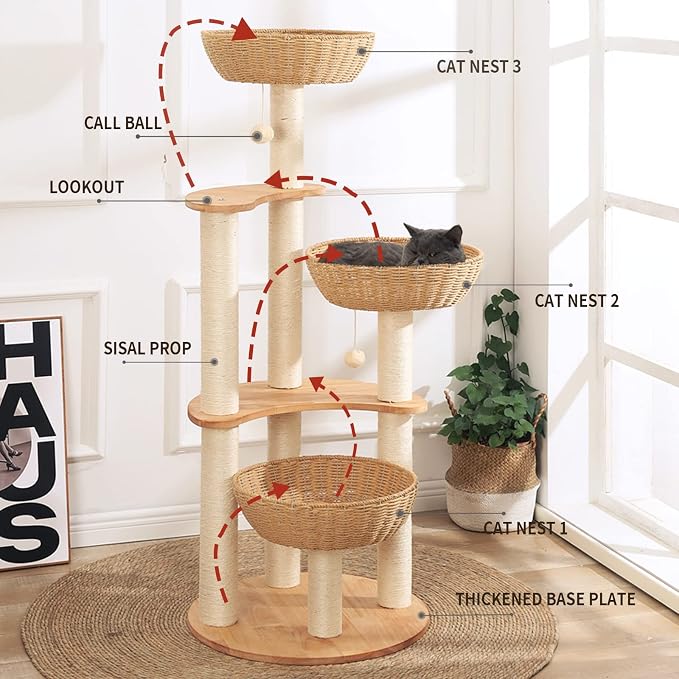 SHODMI 54" Modern Cat Tree Tower for Indoor Cats, Large & Multi-Cat Homes | Wood Cat Tree, 3 Handwoven Basket Beds, Stable Wide Round Wood Base, 8 cm Thick Sisal Scratching Posts, Plush & Cool Mats