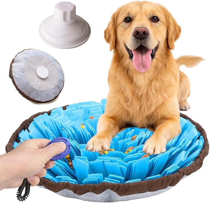18" Dog Snuffle Mat - Interactive Dog Puzzle Toys for Enrichment - Large Slow Feeder Foraging Mat for Brain Games & Nosework Training - Washable Pet Sniff Mat with Training Clicker and Suction Cup