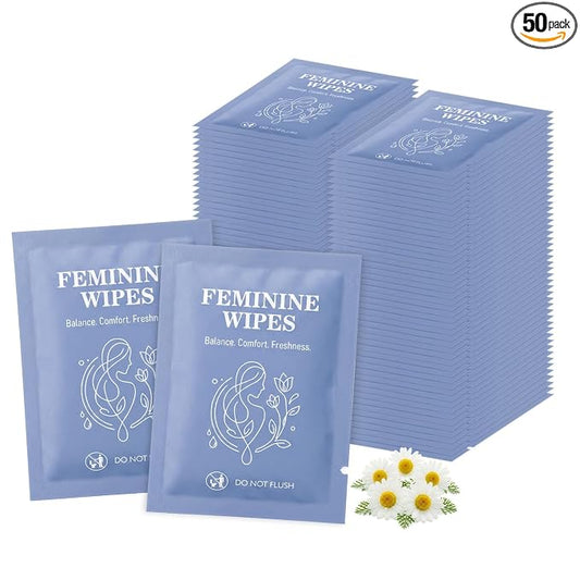 Feminine Wet Wipes Bulk, Individually Wrapped Period Intimate Wipe 50 Pack | Travel Size Personal Hygiene Female Private Parts Cleansing Wipe Butt for Women Girls Daily Travel Bathroom Essential