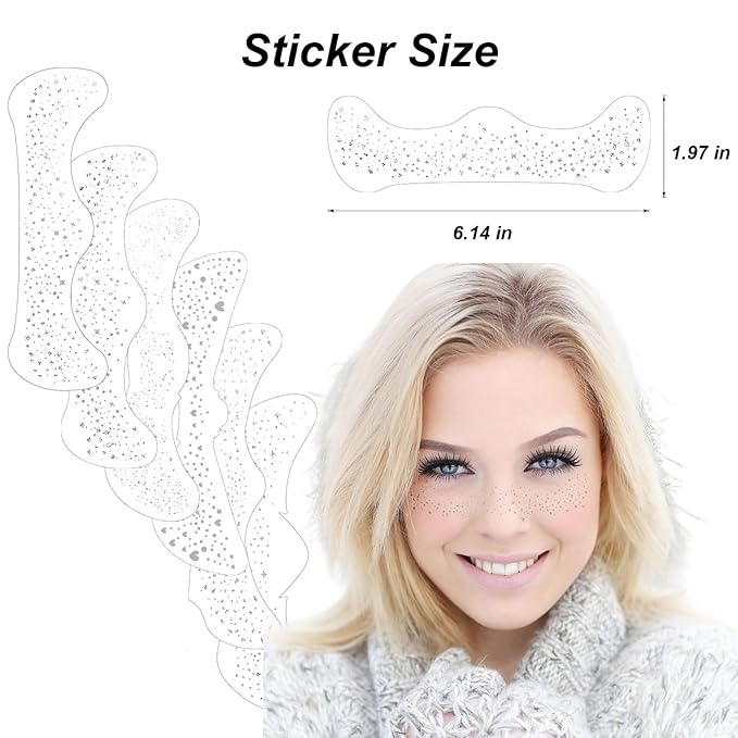 6Pcs Glitter Freckles Face Tattoo - 6.14x1.97 inch Silver Sparkle Freckles for Silver Face Glitters Makeup - Faces Stickers for Women Christmas Glitter Make Up