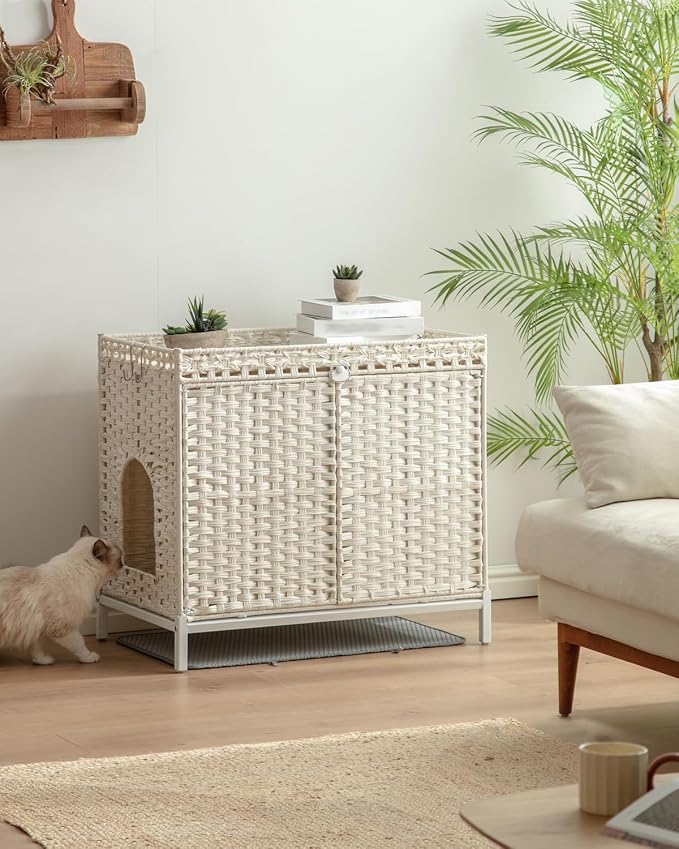 SETVSON Cat Litter Box Enclosure Furniture, Hidden PE Rattan House, White | Handwoven PE Rattan with Dual-Layer Mat, Heightened Metal Feet, 2 S-Hooks, 30.3x18.3x28 Inches Spacious Privacy & Dog Proof