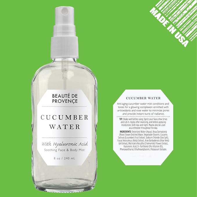 BEAUTE DE PROVENCE | Face & Body Mist Spray - Soothing Cucumber Water With Moisturizing Hyaluronic Acid | Instant Soothing, Cooling, Conditioning | 8 FL OZ