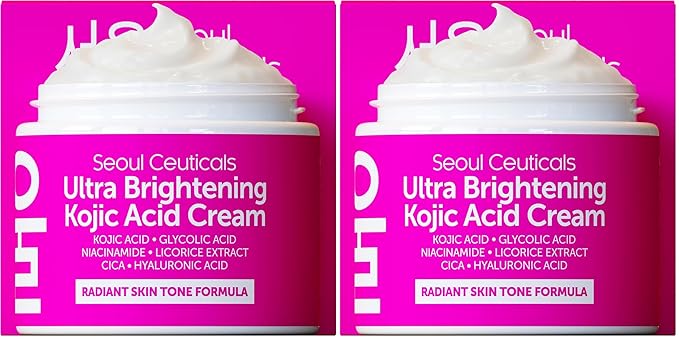 SeoulCeuticals Korean Kojic Acid Cream Dark Spot Remover + Glycolic Acid + Niacinamide + Cica + HA Moisturizer - Cruelty Free K Beauty Skincare 2oz (Pack of 2)