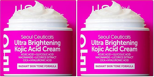 SeoulCeuticals Korean Kojic Acid Cream Dark Spot Remover + Glycolic Acid + Niacinamide + Cica + HA Moisturizer - Cruelty Free K Beauty Skincare 2oz (Pack of 2)