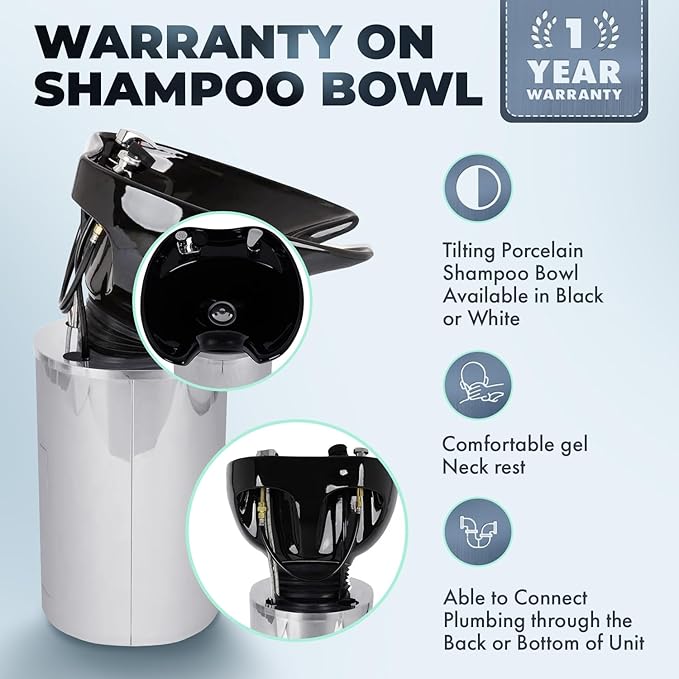 Buy-Rite Paris Pedestal Shampoo Unit – Professional Salon Shampoo Station with Tilting Porcelain Bowl, Silver Base with Black Bowl – Includes Faucet, Spray Hose, Drain & Vacuum Breaker