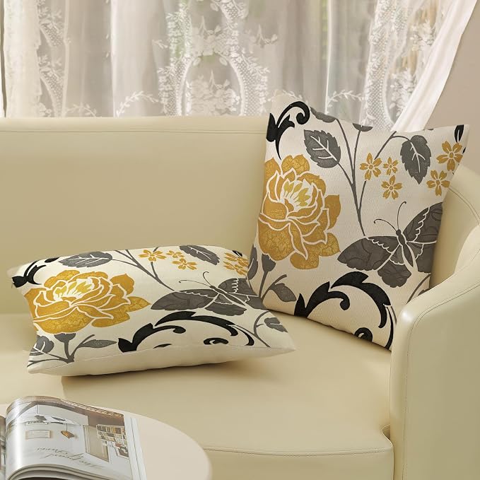 Mustard Yellow Pillow Covers 18x18 Inch Set of 2 Vintage Floral Decor Throw Pillows Grey Butterfly Flower Leaves Seasonal Outdoor Decorative Pillow Cases Linen Cushion Covers for Couch Sofa