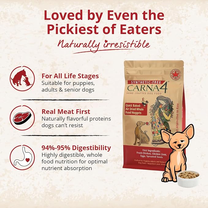 CARNA4 Gentle Quick-Baked Air-Dried Dog Food, Chicken Recipe, 22lb | Fresh Chicken, Liver, Whole Eggs & Organic Sprouted Seeds, Never Extruded, No Synthetic Vitamins or Minerals