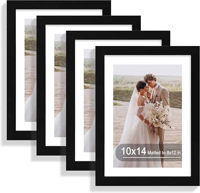 Hongkee 10x14 Picture Frame Set of 4, Made of Glass and Black Wooden Frame, Display 8x12 Pictures with Mat or 30 x 40cm Diamond Painting Art without Mat for Wall Mounting, Gallery Photo Frames