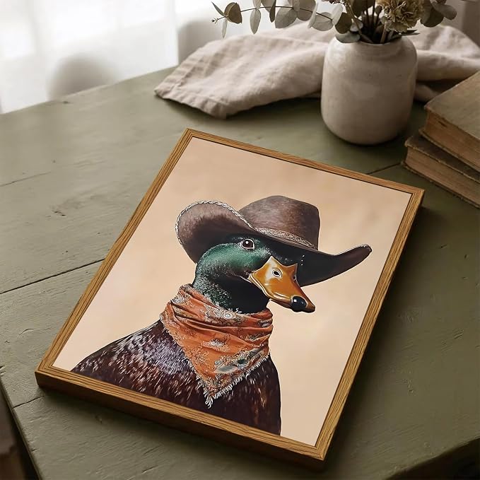 Framed Vintage Western Duck Wall Art, Cowboy Mallard Duck Pictures Wall Decor, Whimsical Farmhouse Animal Paintings Canvas Prints Rustic Home Decor for Living Room Bedroom Bathroom 12x16 inch