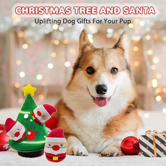lilfrd Christmas Dog Toys, 4 Pack Santa Xmas Tree Hide & Seek Squeaky Toy