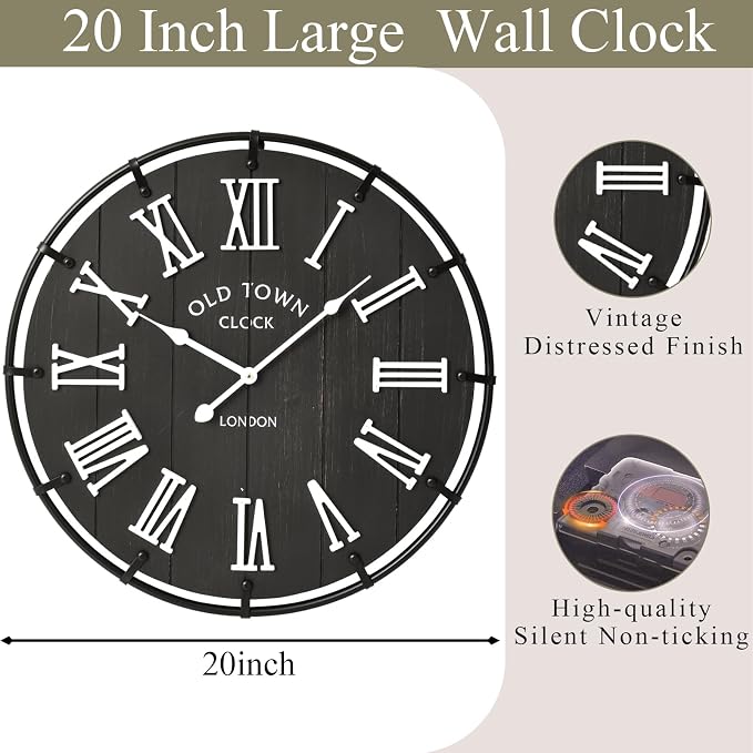 EMAX HOME 20 Inch Large Farmhouse Wall Clock, Rustic Black Distressed Wood Grain Face with White Roman Numerals, Silent Non-Ticking Quartz Movement, Metal Frame Wall Decor for Living Room, Bedroom.