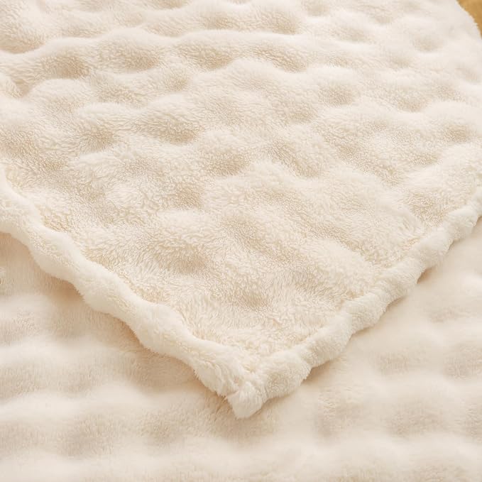 YUSOKI 3D Fleece Bubble Queen Size Blanket,Ivory, 90"x90" | Ultra Soft, Non-Shedding, Lightweight for All Season Use, stays fluffy after repeated washes, Perfect Gifts, Machine Washable