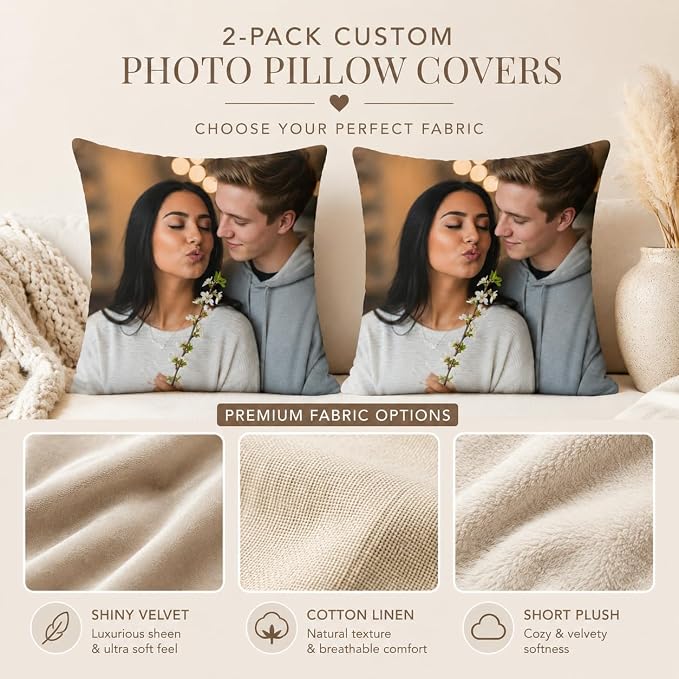 Bemaystar Custom Pillow Set of 4, Personalized Photo Pillow Covers with Picture Text, Made in USA, Custom Gifts for Family Pet Couple, Decorative Throw Pillow Gifts for Birthday Christmas (No Insert)