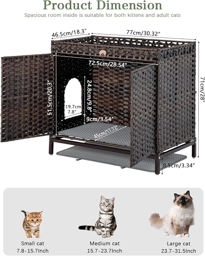 SETVSON Cat Litter Box Enclosure Furniture, Hidden PE Rattan, Brown | Large PE Rattan Kitty House with Metal Heightened Feet, Fits Big Covered Litter Boxes, Litter Mat, 2 Hooks, Frame