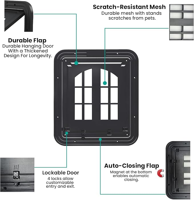 Large Dog Screen Door, 13 x 17 inches, Doggie Door for Screen Door, Magnetic Self-Closing Dog Cat Door with 4-Way Entry, Black (Large)