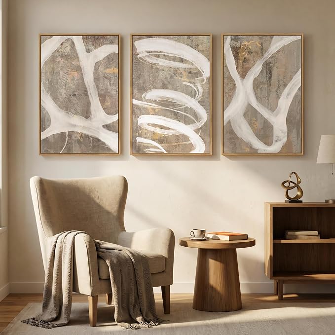 Large Framed Abstract Wall Art, Set of 3, Beige Taupe White, 20x30 In | Neutral artwork, Modern canvas prints, Wood frame, Minimalist pictures, Wall decor for living room dining bedroom hallway