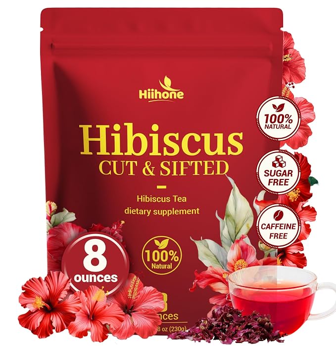 HIIHONE Dried Hibiscus Flowers Cut and Sifted 8 oz, | Hibiscus Tea (Flor de Jamaica), Loose Leaf Hibiscus for Tea, Iced Drinks and Agua Fresca, Naturally Caffeine Free, Sugar Free