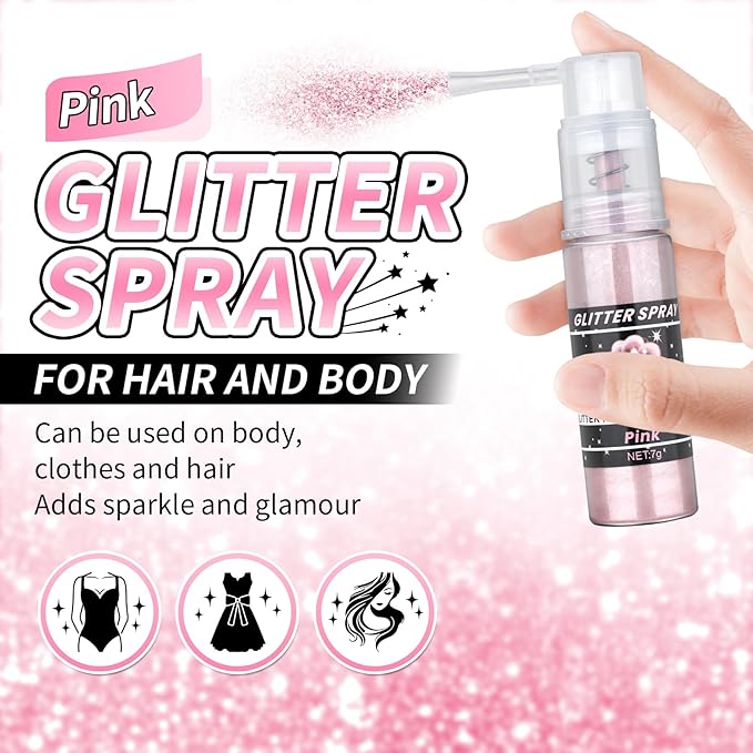 Pink Body Glitter Spray, Shiny Glitter Spray for Hair Body and Clothes, Long-Lasting Sparkle, Holographic Ultra Fine Shimmer Powder Glitter Hairspray for Rave Prom Makeup Halloween Crafts
