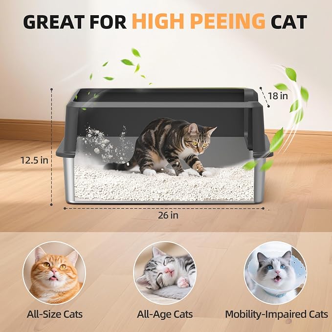 Stainless Steel Cat Litter Box, XXL High Sided Open Top Litter Pan, 1 Scoop | XXL, Spacious Interior, High Sides, Anti-Urine Leakage, Non-Stick Odor Resistant, Easy Clean, Reduce Litter Tracking