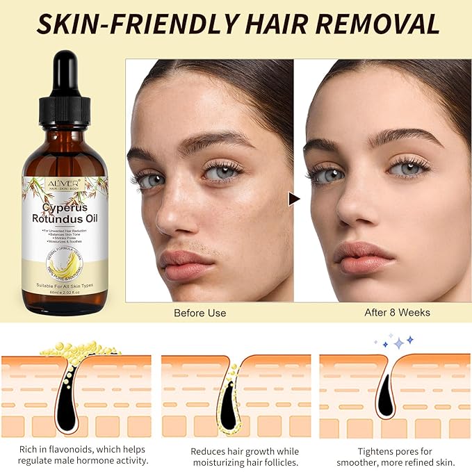 Cyperus Rotundus Oil for Hair Removal, 2PCS 100% Pure Natural Body and Facial Hair Removal for Women, Reduces Unwanted Hair Growth After Shave, Shrink Pores, Hydrates, Soothes and Repairs Skin