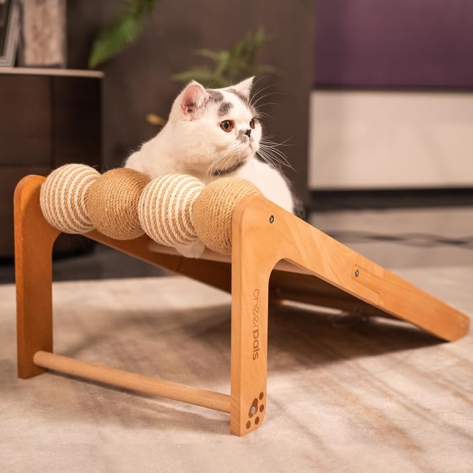 Sisal Cat Scratcher Ramp with Balls L-Shape Wooden(Upgraded) | 120° Dual-Use Cat Scratching Post. Built-In Ball Toy. Natural Sisal Scratch For Indoor. Protects Furniture. Quality Beech