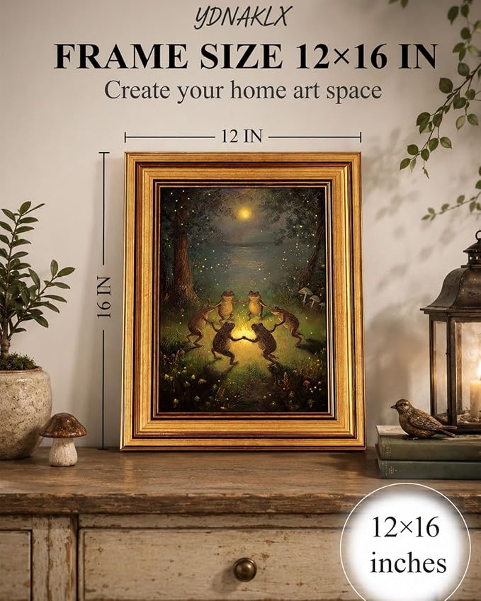 Gold Framed Wall Art, Vintage Whimsical Dancing Frogs Canvas Prints, Moonlight Woodland Animal Picture Wall Decor, Dark Academia Cottagecore Forest Artwork for Nursery Bedroom 12x16 inch