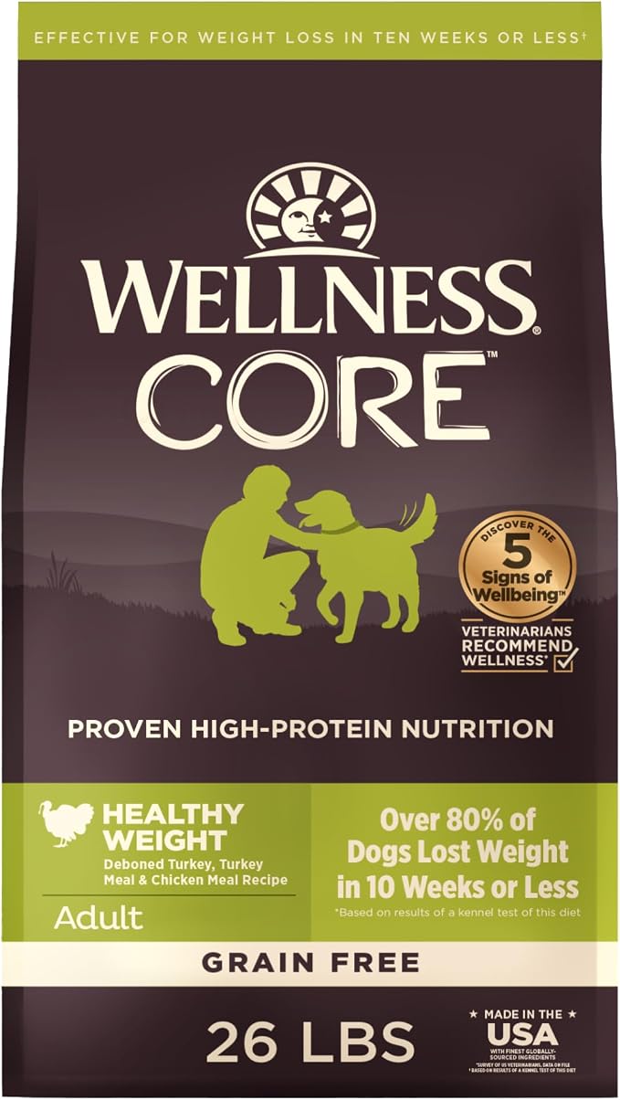 Wellness CORE Healthy Weight Adult Dry Dog Food, Grain Free Kibble, Natural, High Protein, Turkey and Chicken Recipe, 26 lb Bag