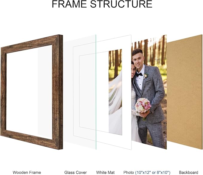 Hongkee 10x12 Picture Frame Set of 4, Made of Real Glass and Rustic Brown Frame - Display Picture 8x10 with Mat or 10x12 Without Mat, 10 by 12 Photo for Wall Mounting