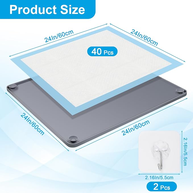 24 x 24In Dog Pee Pad Holder Training Pads Silicone Non Slip Pad Holder | Puppy Pad Holder Tray for Dog Training with 40P Disposable Urine Pads and 2 Hooks (Hangable)