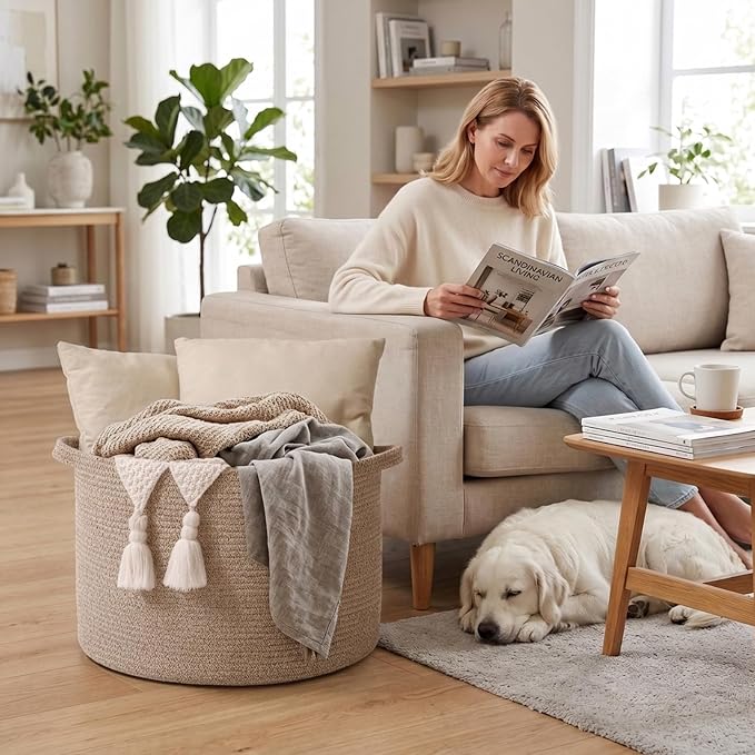 90L Extra Large Blanket Basket,Woven Rope Laundry Basket-Brown | Collapsible, reinforced handles, nursery storage bin organizes clothes, toys and pillows for living room, bedroom bathroom.