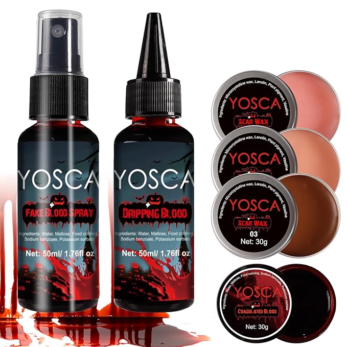 Yosca 6Pcs Halloween Fake Blood Makeup Kit, Realistic Washable Fake Blood Spray, Dripping, Coagulated, Scar Wax for Halloween Face Red Body Paint, Clown Vampire Monster Zombie Scar Makeup Kit