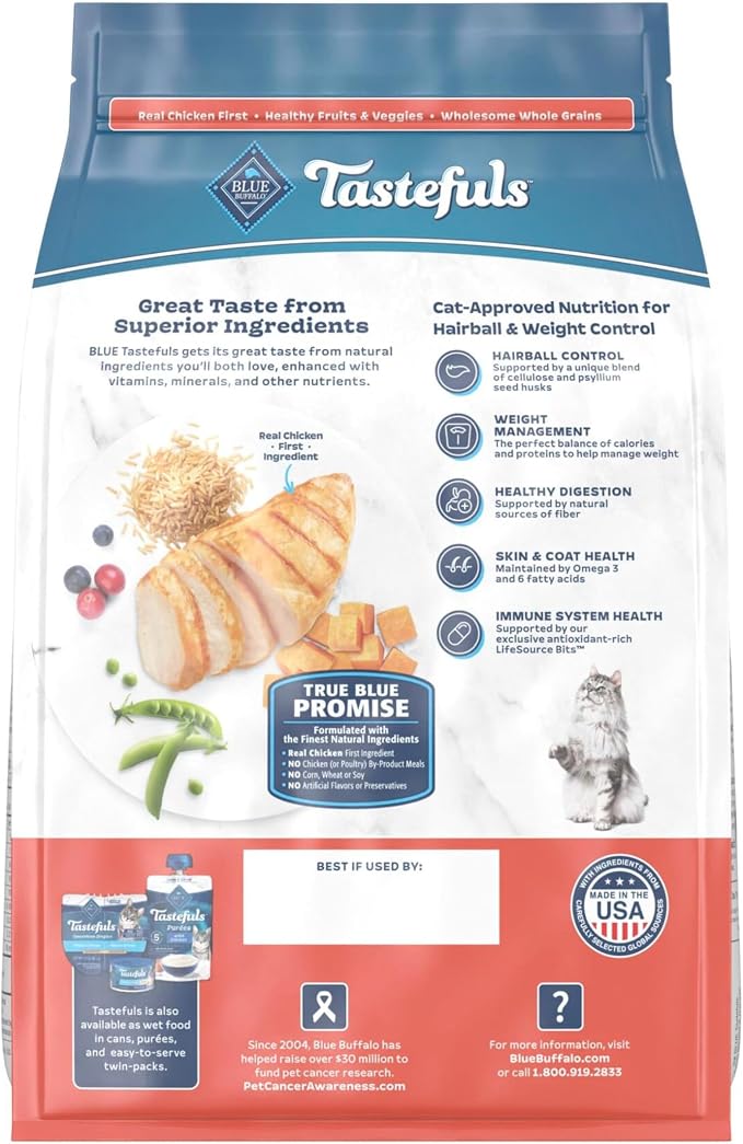 Blue Buffalo Tastefuls Chicken Weight & Hairball Control Dry Cat Food, 3 lb | Chicken & Brown Rice Recipe, Weight & Hairball Control, No Corn, Wheat, or Soy