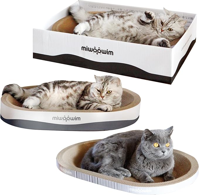 miwoowim 23.6" Extra Large Cat Scratcher Bed & Box Set, Oval Lounge Bowl | Includes 2 Oval Shape Beds & 1 Box with corrugated cardboard Scratch pad. Perfect for big cats and multi-cat households.