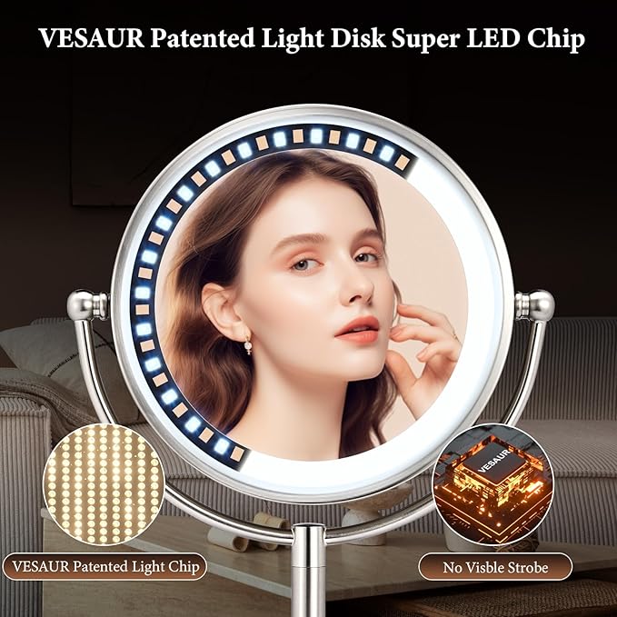VESAUR 2025 9.3" Large 5000mAh Rechargeable Lighted Makeup Mirror Nickel, 1X/10X/20X HD Magnifying Mirror with Compact Suction, 3 Color Dimmable Light, 360°Swivel Seamless Vanity, Gift Box