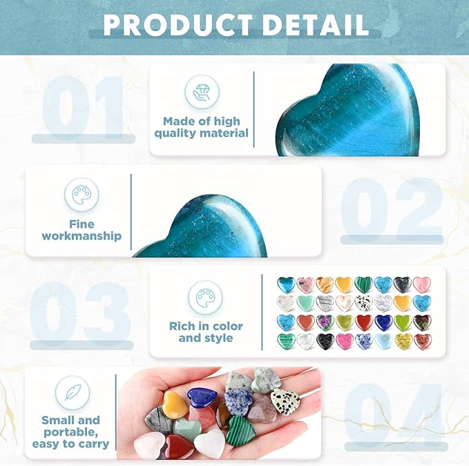 Nuenen 40 Pcs 1.4 Inch Heart Shaped Crystal Valentines Gift Worry Stone Bulk Heart Rock Tiny Trinkets Healing Crystal Gemstone Palm Pocket Love Carved Rock for Mom Women Meditation