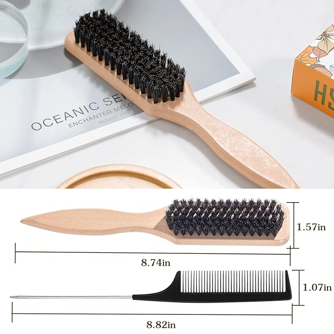 BlueForest Era Boar Bristle Slick Back Hair Brush Set, Wooden Styling Edge Control Brush for Sleek Ponytails Buns Updos, Teasing Hair Brush and Stainless Steel Tail Comb Suitable for All Styling