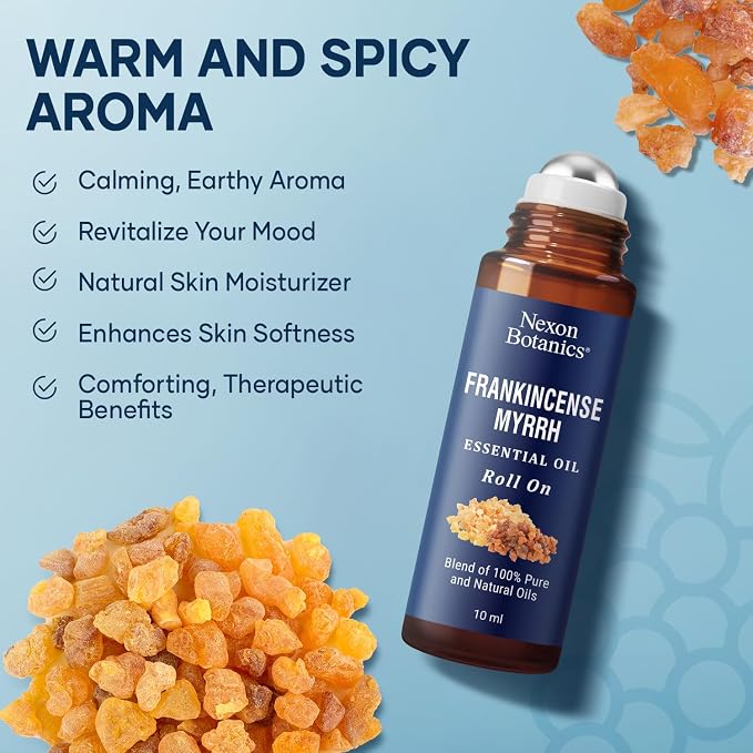 Frankincense & Myrrh Essential Oil Roll-On 10ml - 100% Pure, Natural & Prediluted Oil Blend for Aromatherapy & Skin Care - Nexon Botanics