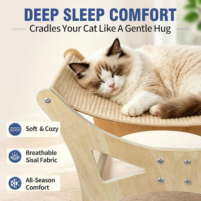 Cat Hammock Bed for Large Cats, Elevated Wooden Bed with Natural Sisal Scratching Mat, Cozy Lounge with Soft Cushion, Supports Up to 40 LBS, Modern Indoor Furniture