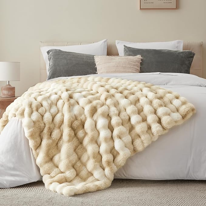 BEDELITE Faux Fur Throw Bubble Blanket for Couch, 60" x 80", Tie-Dye Khaki | 870GSM Soft Cozy Plush Blanket for Sofa & Bed Living Room Decor, Warm Fuzzy Faux Rabbit Fur for Women Gift, All Season Use