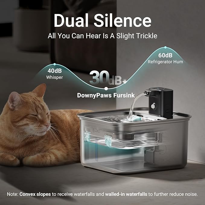DownyPaws Cat Water Fountain Stainless Steel Wireless, Metal & 6 Filters | Cordless Battery Operated Pet Water Automatic Fountain, 101 Oz/3L Water Fountain for Cats Drinking with Motion Sensor