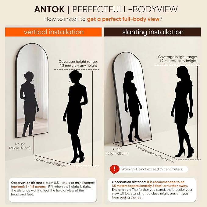 Antok 68" x26” Arched Full Length Floor Mirror, Black Aluminum Frame, Free Standing/Wall Mount/Leaning for Bedroom, Living Room, Dressing Room