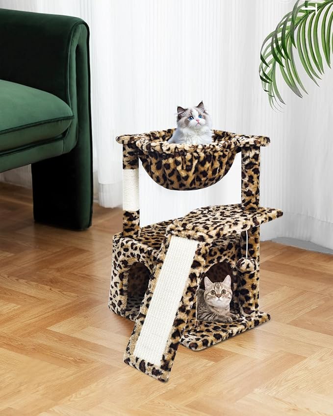 SYANDLVY Leopard Print Cat Tree for Indoor Cats, Small Cat Tower with Scratching Post & Board, Modern Activity House Condo with Cradle, Hanging Ball for Play, Kittens Cave