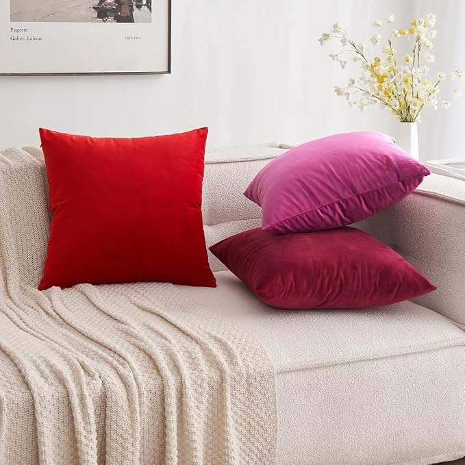 MIULEE 24x24 Inch Pack of 2 Euro Velvet Throw Pillow Covers Bright Red | Soft Solid Decorative Euro Sham, Modern Luxury Home Decor, for King Bed Sofa Couch Bedroom Livingroom