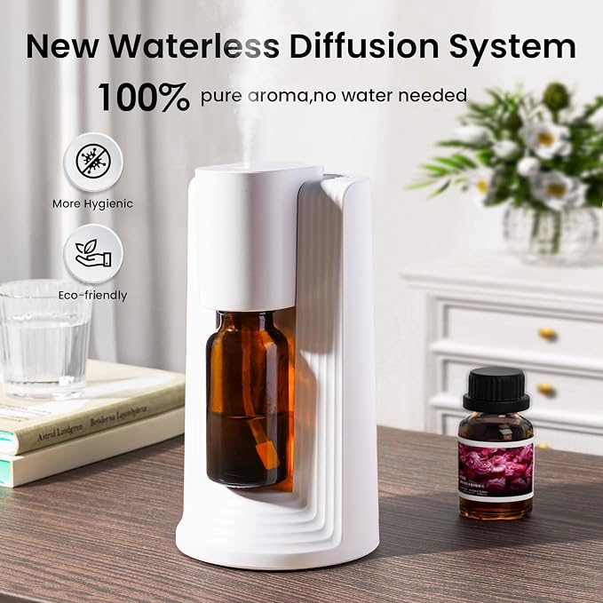 Waterless Essential Oil Diffuser, Portable Aromatherapy Diffuser, Fit for 10-20mL Essential Oil Bottles, 3 Timer & 3 Mist Level, Rechargeable Mini Scent Diffuser for Home, Room, Car and Office (White)
