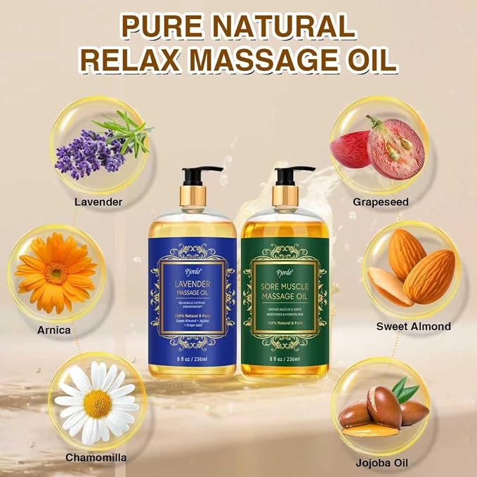 Pjordo 2 Pack Body Massage Oil for Massage Therapy, Sore Muscle Arnica Oil & Lavender Massage Oil for Pain Relief, Massage Relaxing Oil for Calming, Soothes Joints & Muscle, Spa Gift for Him Her