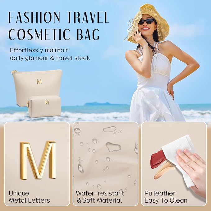 Women Gifts | Initial Makeup Bag for Girl Personalized Gifts for Bridesmaid Friend PU Leather Cosmetic Travel Toiletry Bag(Beige,M)