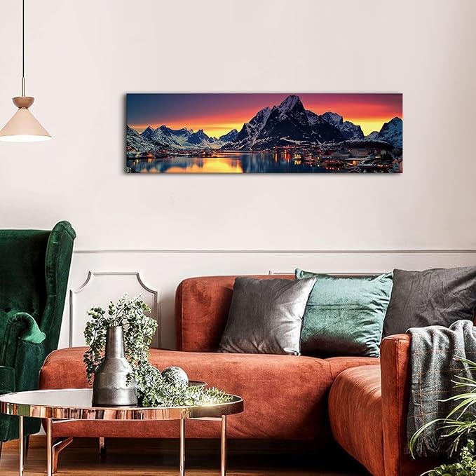 AREBOLO Sunset Mountain Canvas Wall Art Lake Landscape Pictures Nature Wall Decor Snowy Mountains Painting Sunrise Village Scenery Poster Prints Artwork for Living Room Office Home Decorations 14x48”