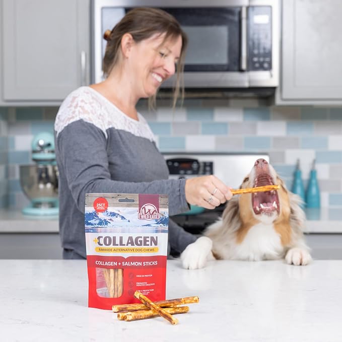 Wild Eats Real Salmon Collagen Bully Sticks for Dogs, 25 Pack, Long Lasting | Rawhide and grain free no hide chew treats, high protein recipe, satisfies natural gnawing urges, suits all breeds and sizes