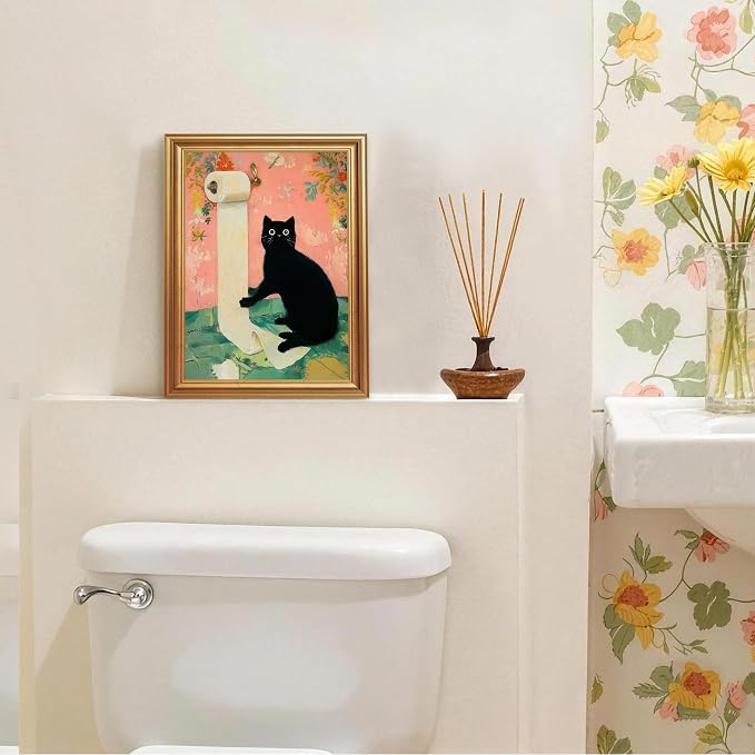 ICHZUMW Gold Framed Funny Black Cat Toilet Paper Canvas Wall Art, 8x10 In | Quirky Cat Print Humorous Pink Bathroom Wall Decor, Restroom Powder Room Guest Toilet, Fade Resistant, Ready to Hang