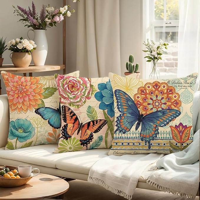 wyooxoo Spring Summer Pillow Covers 18x18 Set of 4 Farmhouse Throw Pillow Covers Linen Flower Butterfly Decorative Pillowcases for Sofa Couch Living Room Outdoor